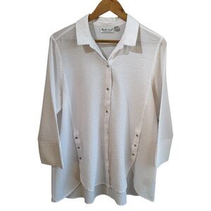 Habitat Button Front Tunic Top Sz M White Textured Relaxed Fit Coastal Blouse